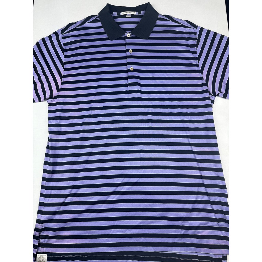Peter Millar Polo Shirt Large Purple Black Striped Short Sleeve Cotton Golf Mens